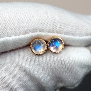 Solid 14k Rainbow moonstone stud earrings yellow gold moonstone stud earrings 5mm.