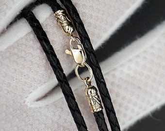 14k Solid Gold Black Braided Leather Cord Necklace: Art Nuevo Clasp