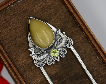 Peridot hair fork 4.7 long sterling silver 925 in wooden box,hair stick for long hair