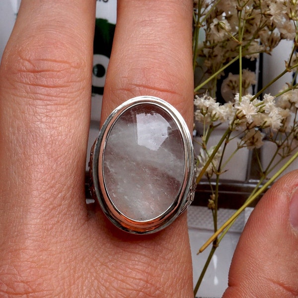Clear quartz ring sterling silver,natural clear quartz jewelry,925 sterling silver oval Clear quartz ring,big quartz ring