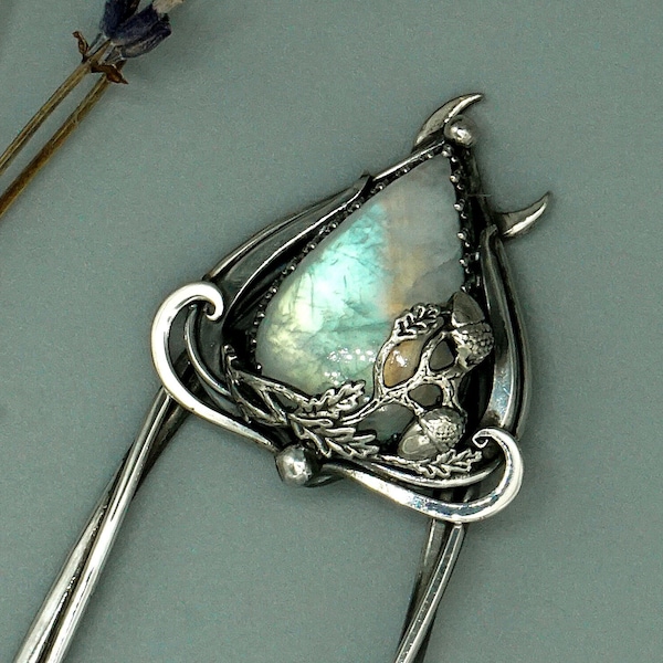 Rainbow moonstone hair fork sterling silver,wire wrapped hair stick