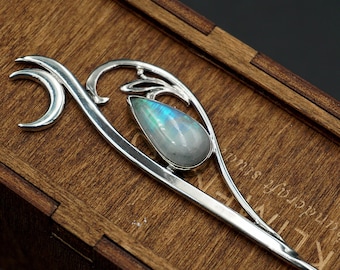 Blue moonstone hair stick sterling silver in a wooden box