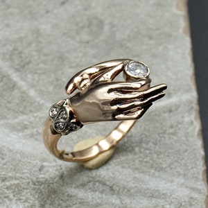 14k diamond vintage right hand ring yellow and white gold any size,fine gold ring,14k real solid gold claddagh Ring,gold hallmarked ring