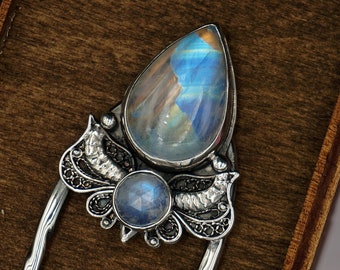 Rainbow moonstone hair fork sterling silver 4.5 inches in a wooden box,solid sterling silver hair accessories