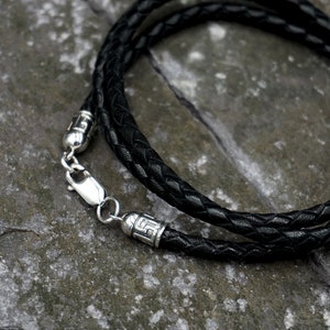 Geflochtene Lederbandkette Schwarz: Sterling Silber Verschluss, Wasserdicht