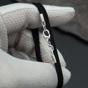 Classic black braided silk cord necklace thickness 2mm sterling silver length 14-24 inches for man and women,minimalist style silk cord