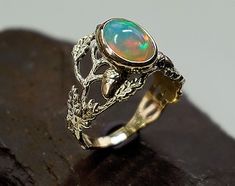 14k Gold Twig Ring: Australian Opal & Acorn Detail