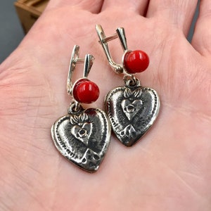 925 silver Sacred Heart of Jesus Earrings, red coral  Sterling silver earrings, ethnic earrings with nickel silver Heart of Jesus