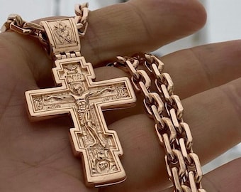 Handmade 14k Yellow Gold Orthodox Cross Necklace - Engraved Prayer