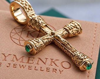 14K Gold Jesus Crucifix Cross Pendant, Natural Emerald Christian Cross, Handmade Religious Pendant for Men, 55mm