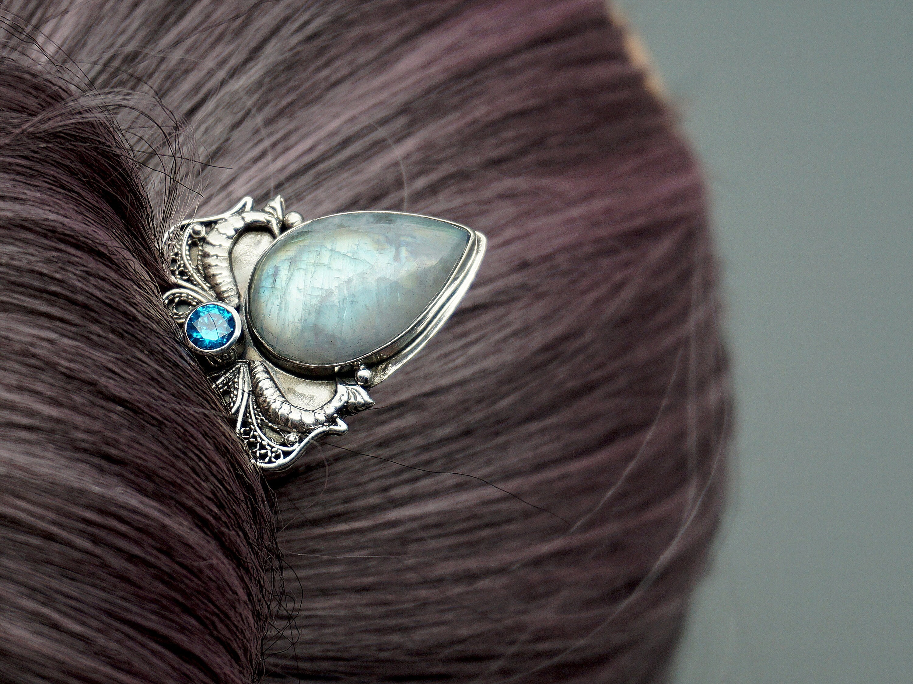 Flash Moonstone Hair Fork Sterling Silver and Blue Topaz - Etsy