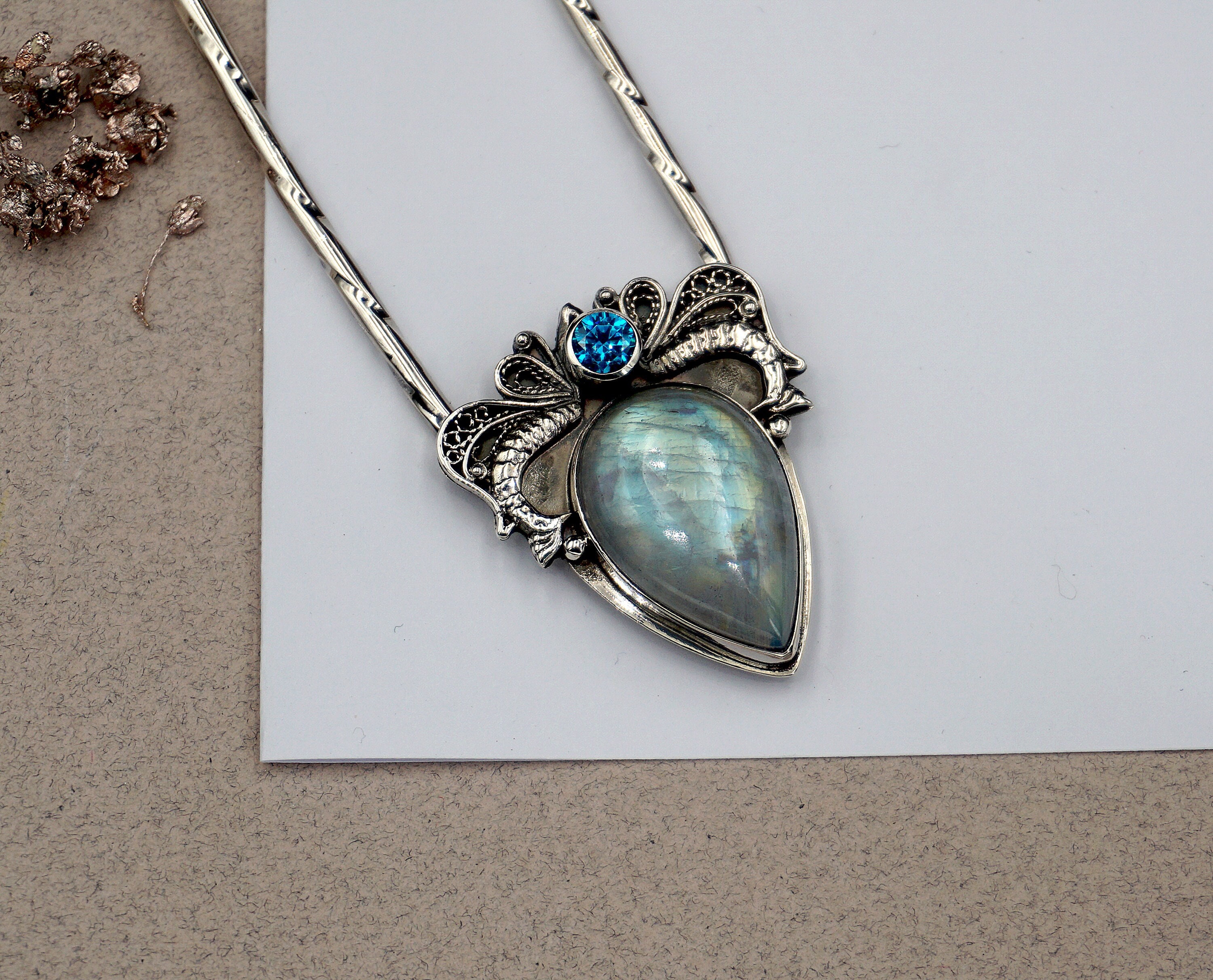 Flash Moonstone Hair Fork Sterling Silver and Blue Topaz - Etsy