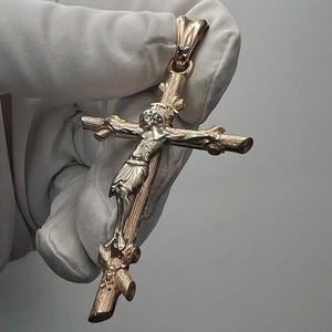 Katholische solide 14 Karat, 18 Karat Gelbgold Herren Kreuz Halskette mit Jesus Größe 40 * 28 mm, großes christlich-philosophisches Kruzifix Jesus Kreuz
