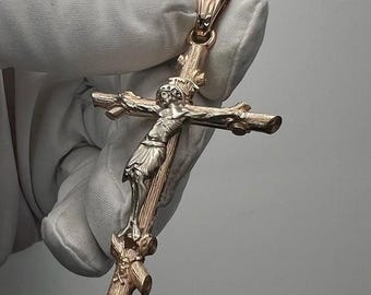 14k Yellow Gold Jesus Cross Necklace - Catholic Crucifix (40x28mm)