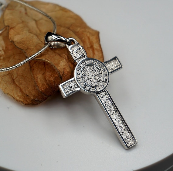 Solid 950 Platinum Saint Benedict Cross Pendant, Handmade Catholic Orthodox Necklace