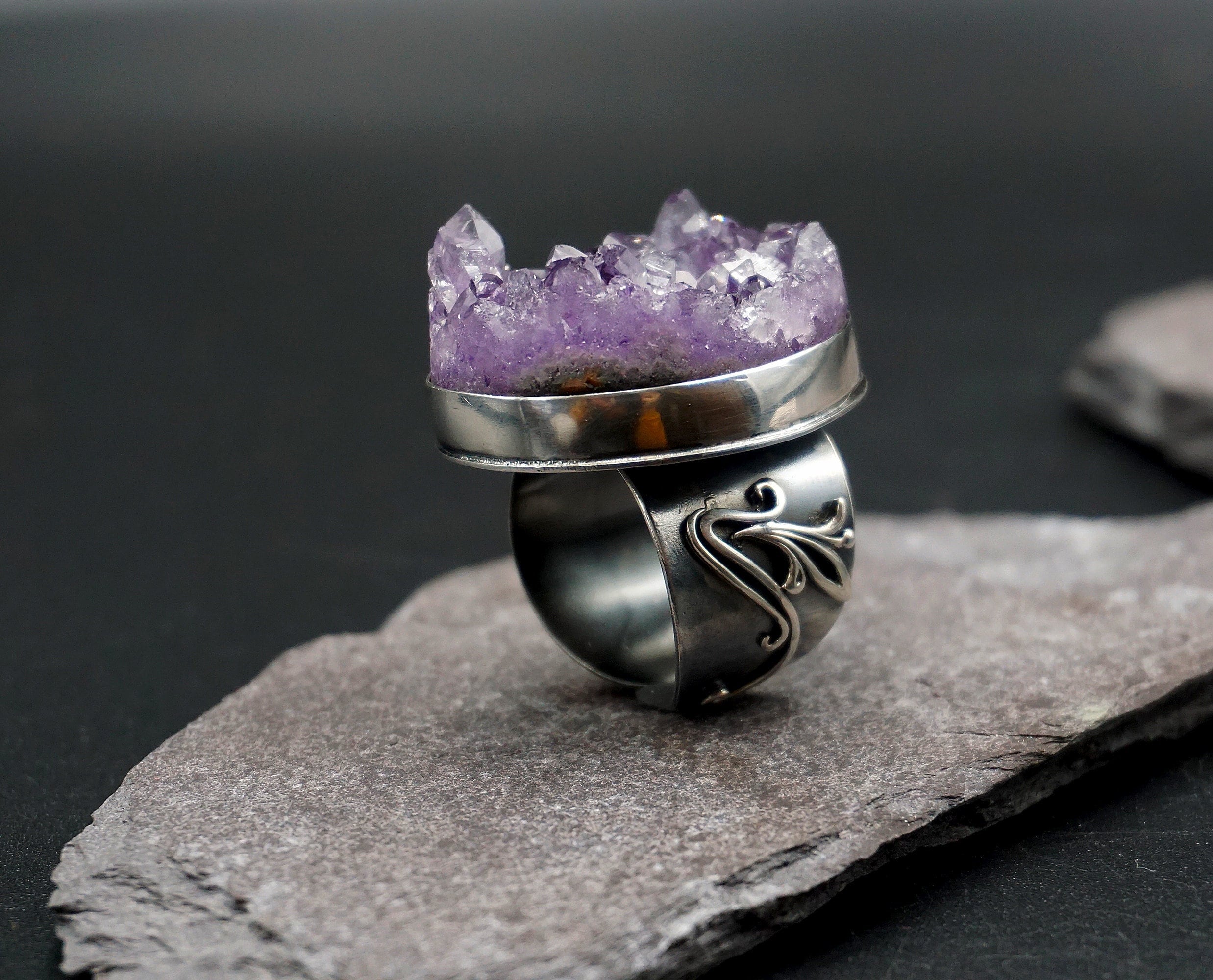 Adjustable Raw Round Amethyst Crystal Ring Amethyst Ring Sterling Silver 925 scorpion Amulet
