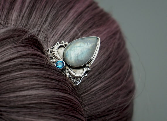 Rainbow Moonstone Large Eclectic Silver Artisan Hair Pin, 3.8” Blue-Violet flash Magnificent Artisan Carved Rainbow Moonstone Sterling Silver  main image 2