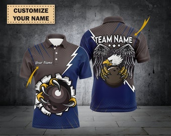 Camisa de bolos Eagle personalizada para hombres, bolos azules y marrones, camisa completamente estampada, bolos con nombre del equipo, regalo de cumpleaños, camisa del equipo deportivo