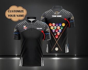 Impression 3D personnalisée de sport de billard, chemise de nom d'équipe de billard, cadeau d'anniversaire, chemise d'équipe de sport, chemise de billard, cadeau pour lui