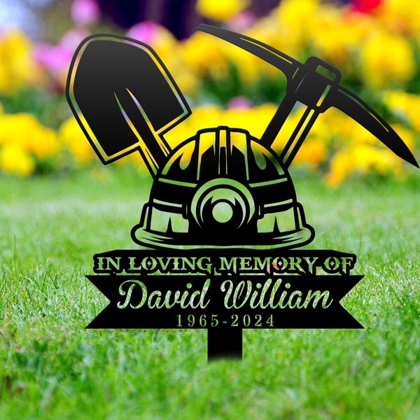 Personalized Mining tools helmet Memorial Stake, Metal Stake, Sympathy Sign, Grave Marker, Remembrance Stake, Dad Loss.