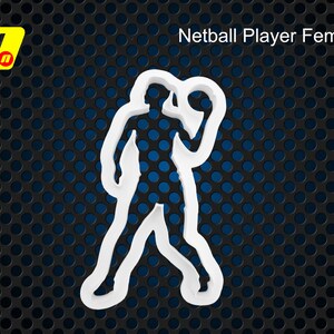 May include: White silhouette of a netball player with a ball in their hand, against a black and blue background.