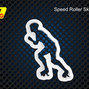 Könnte beinhalten: Weiße Silhouette eines Speed-Rollschuhfahrers mit dem Text "Speed Roller Skater" über dem Bild.
