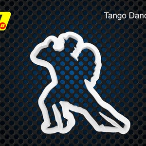 May include: White silhouette of two people dancing the tango. The image is on a black background with a blue grid pattern. The text "Tango Dancers" is at the top of the image.