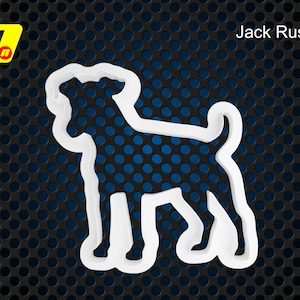 Puede incluir: Contorno blanco de un perro Jack Russel sobre un fondo azul oscuro y negro. Las palabras "Jack Russel" están en texto blanco. Un logotipo amarillo y rojo está en la esquina superior izquierda.