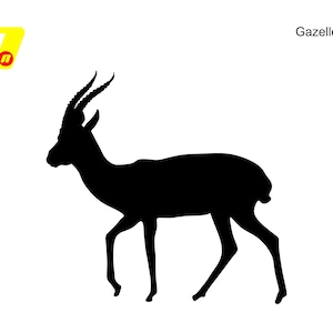 Könnte beinhalten: Schwarze Silhouette einer Gazelle mit gebogenen Hörnern, die nach links geht. Das Wort "Gazelle" steht in schwarzer Schrift oben rechts. Ein gelb-rotes Logo befindet sich oben links.
