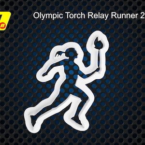 May include: White silhouette of a person running with a torch in their hand. The text "Olympic Torch Relay Runner 2024" is above the silhouette.