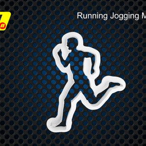 May include: White outline of a person running, with the text "Running Jogging Male" in white. The background is a dark grey perforated metal texture over a blue surface. A yellow and red logo is in the upper left corner.