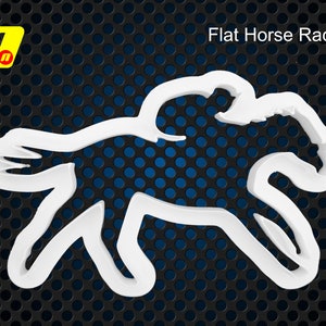 May include: White plastic cookie cutter shaped like a horse running. The cookie cutter is on a black and blue background.