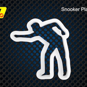 Può includere: Silhouette bianca di una persona che gioca a biliardo, con il testo "Snooker Player" sopra la silhouette.