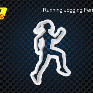 May include: White silhouette of a person running, on a black and blue background with a grid pattern. The text "Running Jogging Female" is above the silhouette.