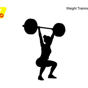 Può includere: Silhouette nera di una persona che solleva un bilanciere sopra la testa in posizione di squat. Il testo "Weight Training" è in alto a destra. L'immagine è in bianco e nero.