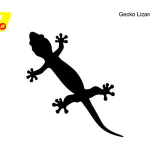 Op de afbeelding: Een zwart silhouet van een gekko-hagedis op een witte achtergrond. De gekko wordt in profiel getoond, met gespreide poten en een uitgestrekte staart. De tekst "Gecko Lizard" staat boven de hagedis.