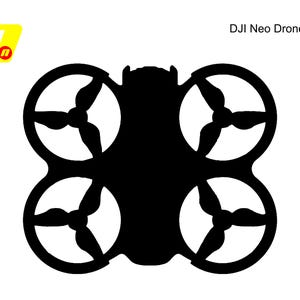 Pode incluir: Silhueta preta de um drone com quatro hélices, sobre um fundo branco. O texto "DJI Neo Drone" é exibido em preto. Um logotipo amarelo e vermelho está no canto superior esquerdo.