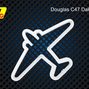 May include: White outline of a Douglas C47 Dakota aircraft on a black and blue background.