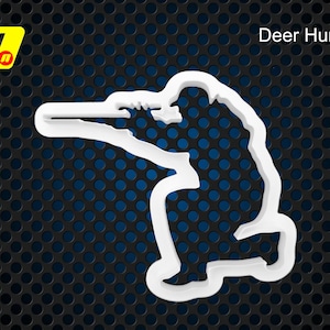 May include: White silhouette of a deer hunter kneeling with a rifle, against a blue and black background.