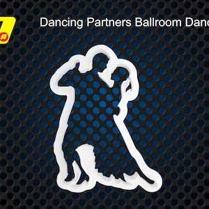 Può includere: Silhouette bianca di una coppia che balla, con l'uomo che guida la donna. La silhouette è su uno sfondo nero e blu.