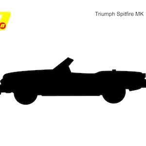 May include: A black silhouette of a Triumph Spitfire MK 1 convertible car against a white backdrop. The car's shape is distinct, showing its open top and sleek design. The image also features a yellow and red logo in the top left.