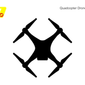 Könnte beinhalten: Schwarze Silhouette einer Quadrocopter-Drohne mit vier Propellern auf weißem Hintergrund. Der Text "Quadcopter Drone" steht über der Drohne. Ein gelb-rotes Logo befindet sich in der oberen linken Ecke.