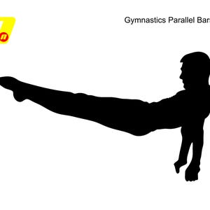 Op de afbeelding: Zwart silhouet van een turner op de brug. De figuur bevindt zich in een horizontale positie, ondersteund door de armen. De tekst "Gymnastics Parallel Bars" staat boven de figuur.