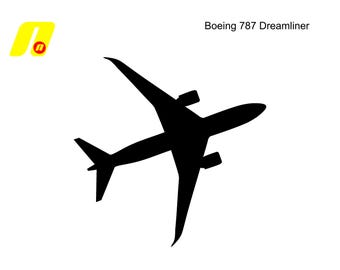 Könnte beinhalten: Eine schwarze Silhouette eines Boeing 787 Dreamliner-Flugzeugs vor weißem Hintergrund. Das Flugzeug wird von oben betrachtet, wobei seine Flügel und sein Heck deutlich sichtbar sind. Der Text "Boeing 787 Dreamliner" steht über dem Flugzeug. Ein gelb-rotes Logo befindet sich oben links.