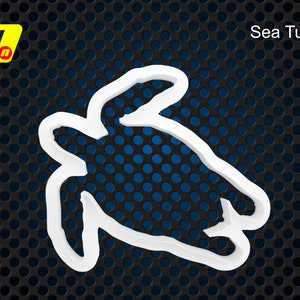 May include: White sea turtle outline on a dark blue and black background. The words "Sea Turtle" are in the upper right corner. A yellow and red logo is in the upper left corner.