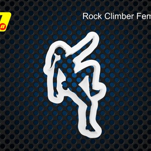 Può includere: Silhouette bianca di un'arrampicatrice su sfondo blu scuro e nero. Il testo "Rock Climber Female" è sopra l'arrampicatrice. Un logo giallo e rosso è nell'angolo in alto a sinistra.