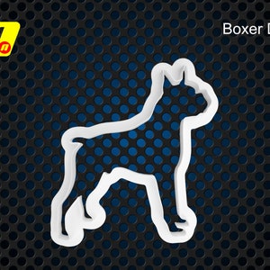 Könnte beinhalten: Weißer Umriss eines Boxer-Hundes auf dunklem Hintergrund mit Lochmuster und blauen Akzenten. Der Text "Boxer Dog" ist weiß dargestellt. Ein gelb-rotes Logo befindet sich in der oberen linken Ecke.