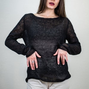 Black silk mohair sweater, Minimalistic fuzzy thin knit boat neck sweater