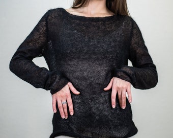 Black silk mohair sweater, Minimalistic fuzzy thin knit boat neck sweater