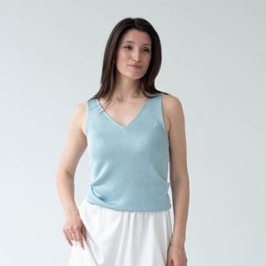 Blue Silk Sleeveless Top, V Neck Knit Blouse, Minimalist Summer Tank in 100% Silk, Minimalist Summer Luxury Tank